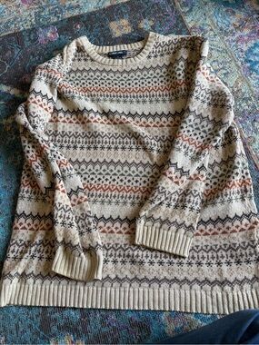 Cherokee Men's Cream Fair Isle Crewneck Sweater with Rust and Brown Accents